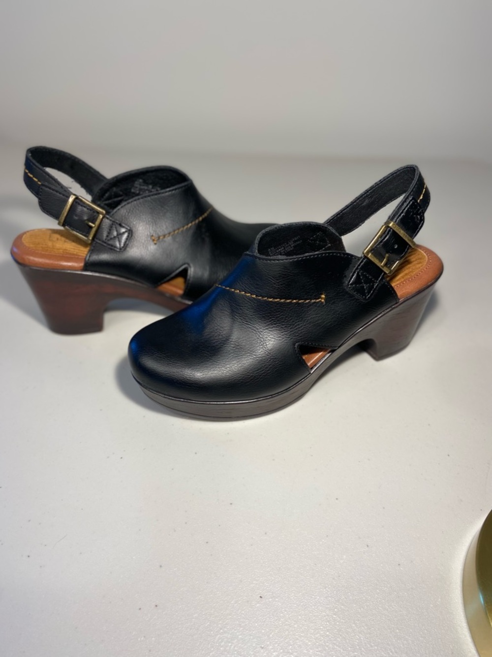 b.o.c. Black Leather Slingback Clogs with Wood-Tone Heel - Picture 4 of 13